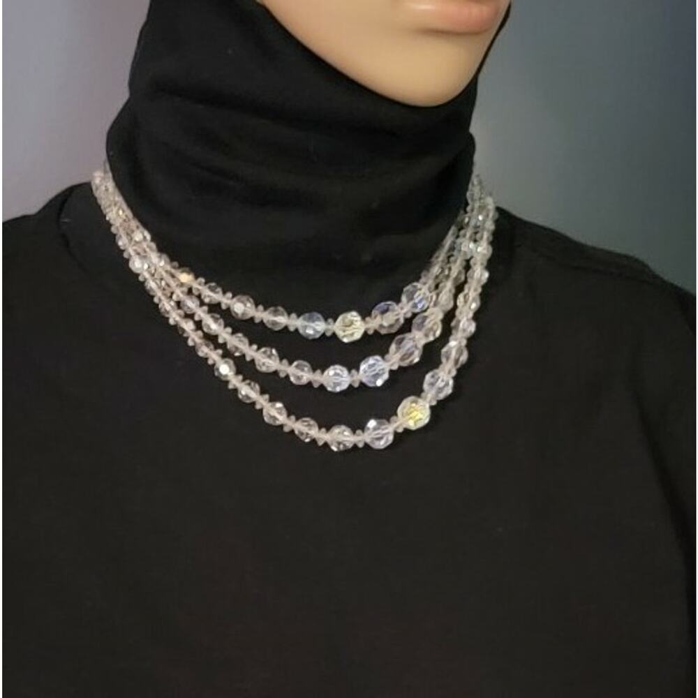 Vintage Mid-century Crystal Beaded Necklace, 3 Strands, AB, Graduated wh02-22 - Picture 5 of 6